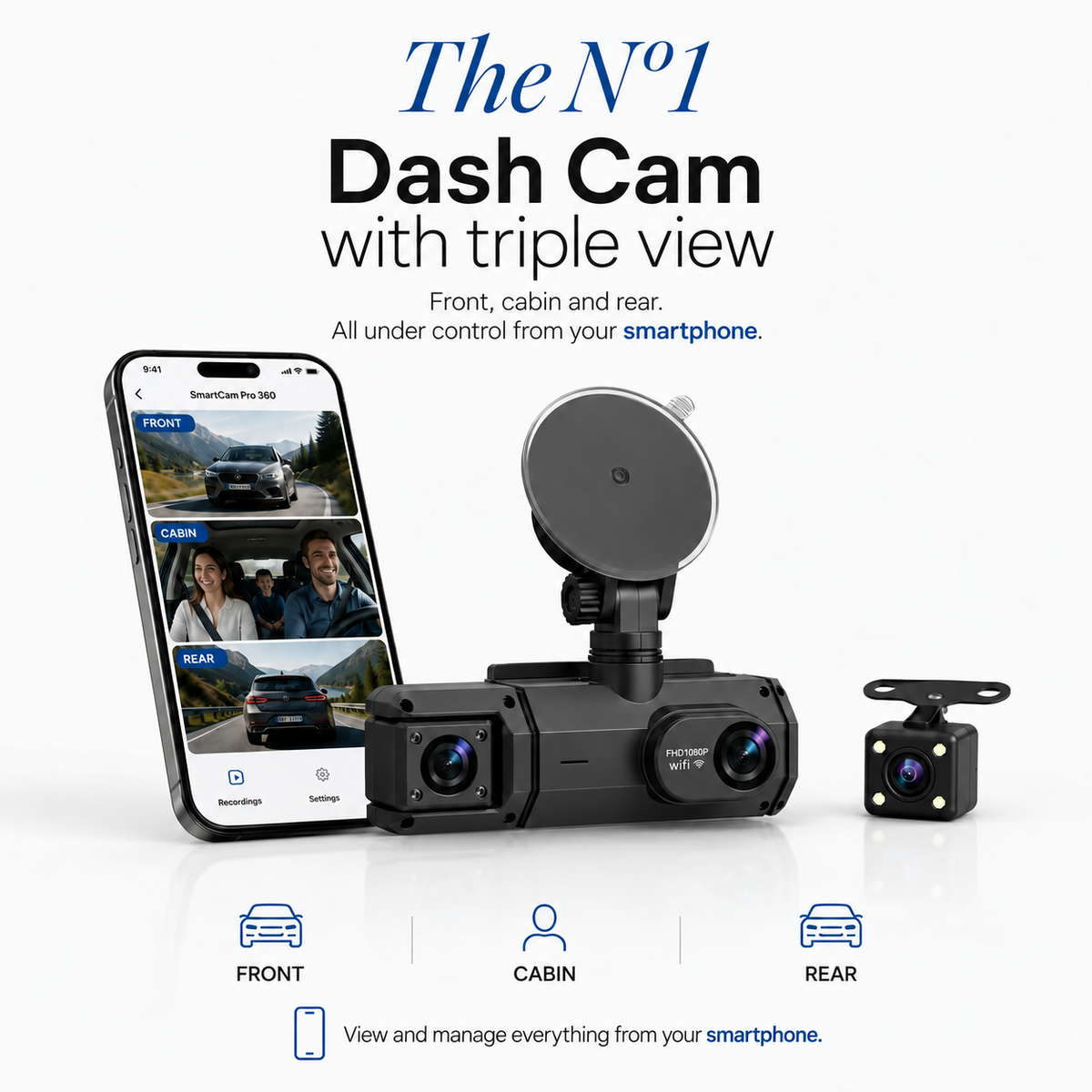 The No.1 dash cam with triple view - front, cabin and rear