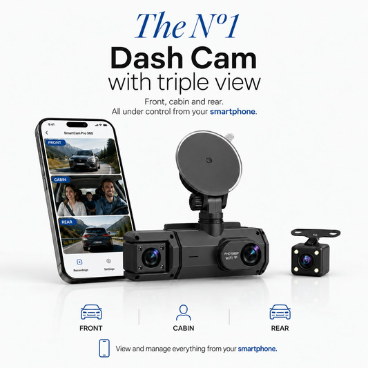 The No.1 dash cam with triple view - front, cabin and rear