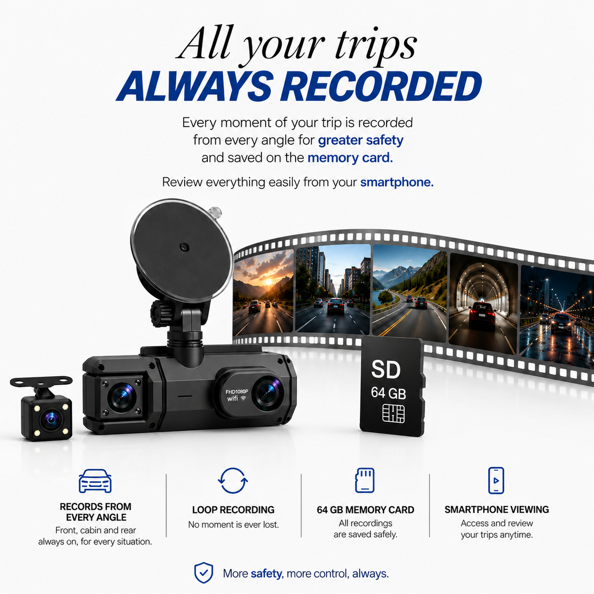 All your trips always recorded - loop recording, 64 GB memory card