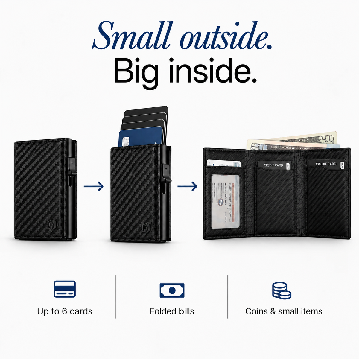 Small outside, big inside - up to 6 cards, bills and coins